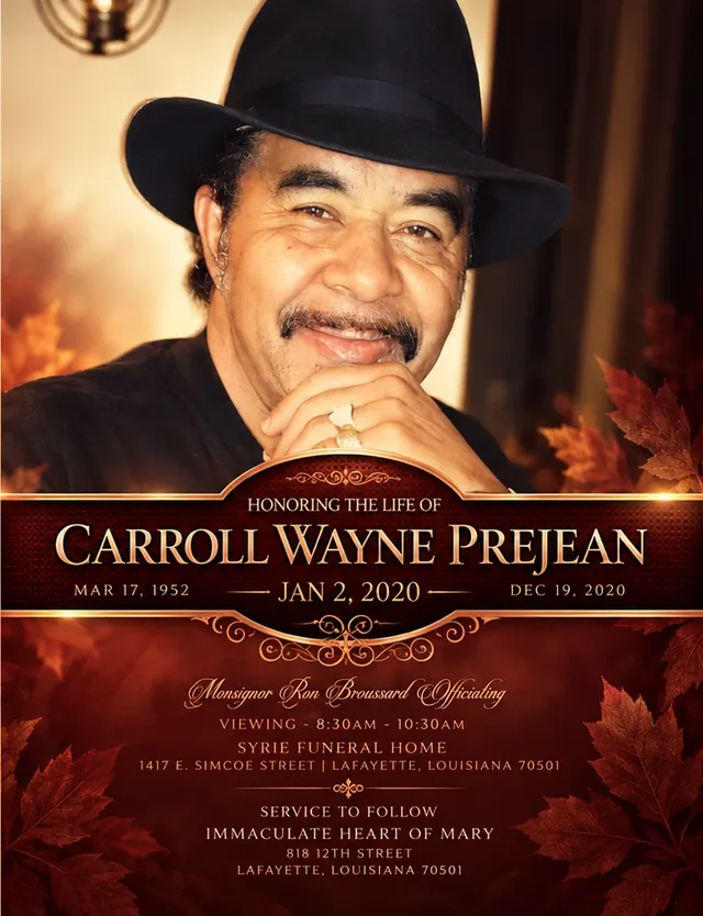 Funeral program for Carroll Wayne Prejean