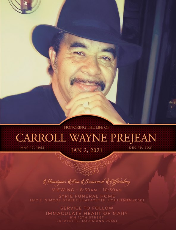 Funeral program for Carroll Wayne Prejean