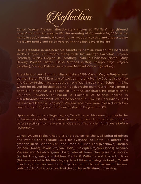 Funeral program interior for Carroll Wayne Prejean