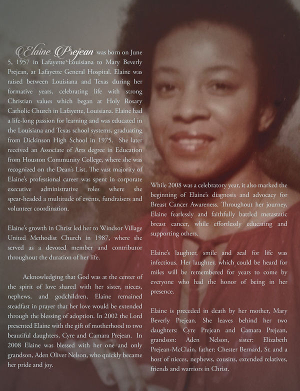 Funeral program interior for Elaine Prejean