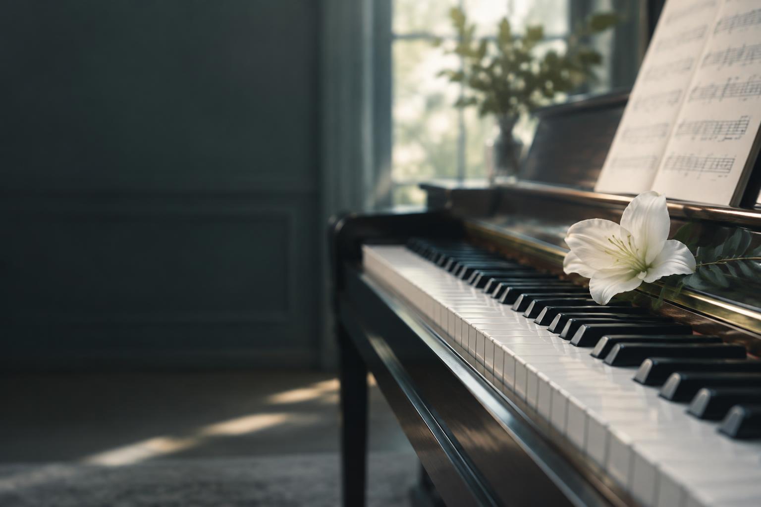 Piano keys with a white flower in soft daylight