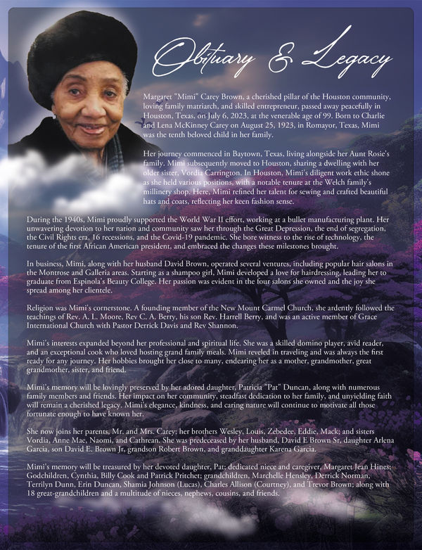 Funeral program interior for Margaret Carey Brown
