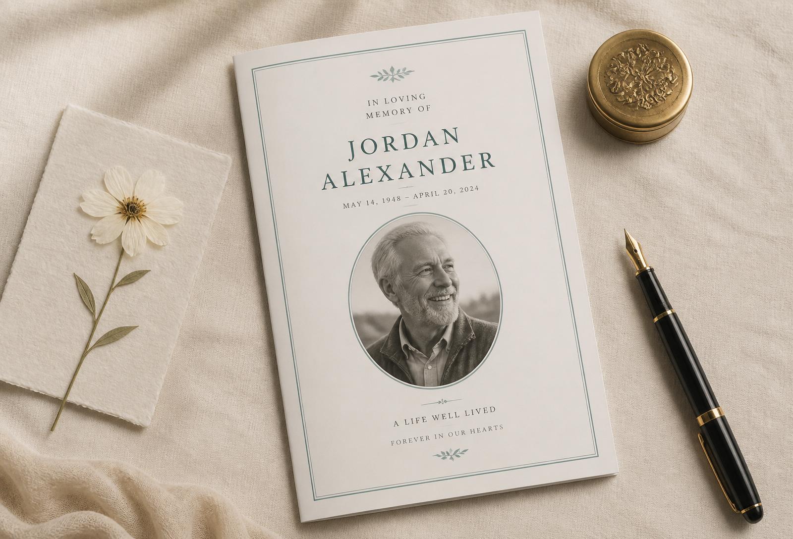 Elegant printed funeral program with pressed flower and keepsakes