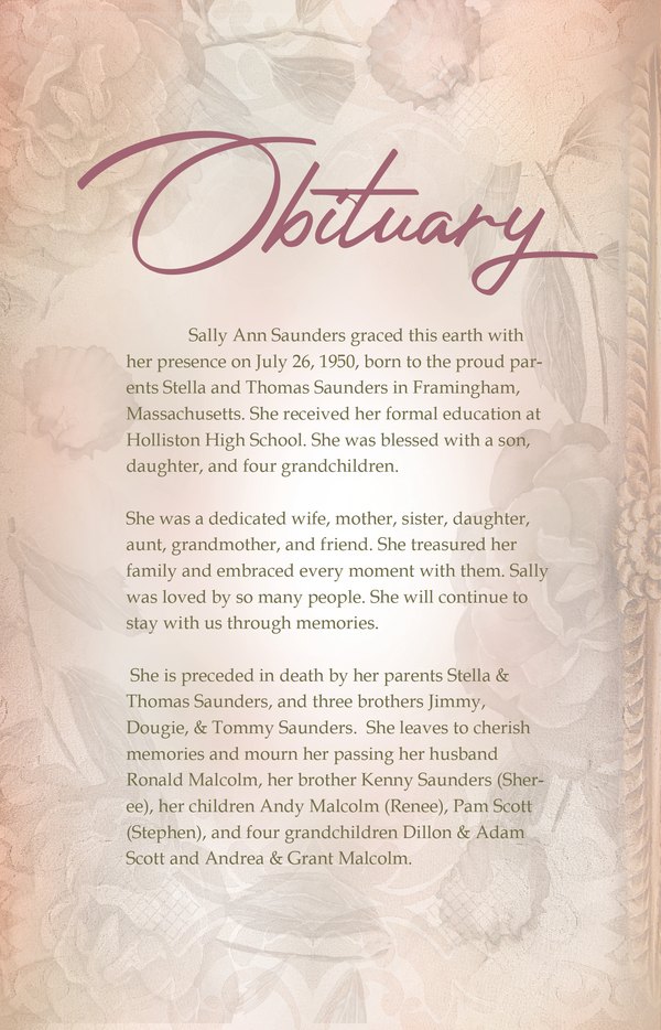 Funeral program interior for Sally Ann Saunders
