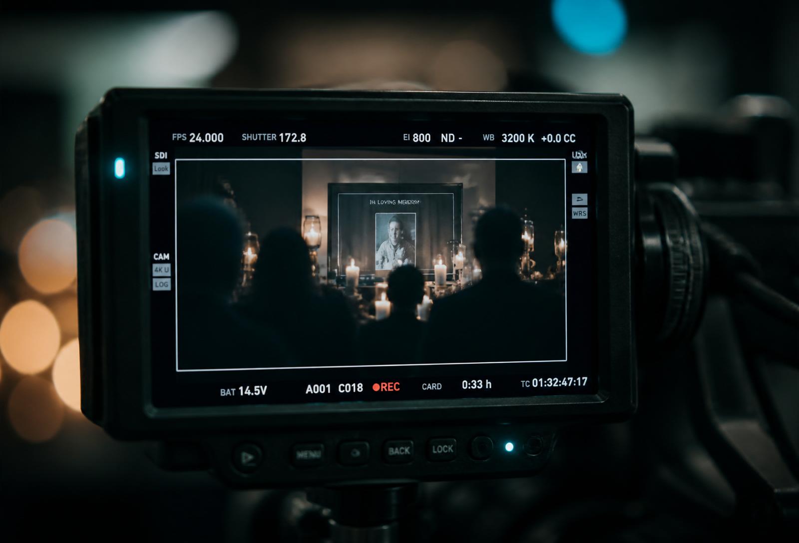 Cinema camera viewfinder framing a memorial tribute
